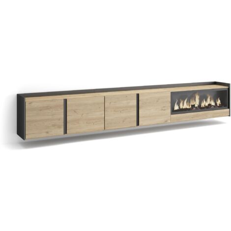 Skraut Home - Meuble TV, Banc Télé, Grand espace de Rangement, 315x35x50cm, Pour les TV jusqu'à 80", Cheminée électrique XXL, Suspendu, Mural, Style moderne, Chêne et noir (1/5)