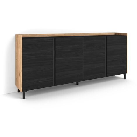 Skraut Home - Buffet salon et cuisine, Meuble de Rangement, Commode, 207x35x91cm, 4 Portes, Design industriel, Style moderne, Noir et chêne (1/5)
