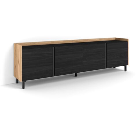Skraut Home - Meuble TV, Banc Télé, Grand espace de Rangement, 207x35x61cm, Pour les TV jusqu'à 80", Design industriel, Style moderne, Noir et chêne (1/5)