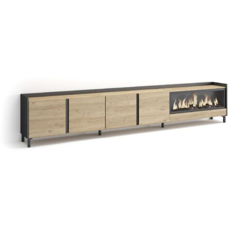 Skraut Home - Meuble TV, Banc Télé, Grand espace de Rangement, 315x35x61cm, Pour les TV jusqu'à 80", Cheminée électrique XXL, Design industriel, Style moderne, Chêne et noir (1/5)