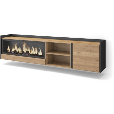 Skraut Home - Meuble TV, Banc Télé, Grand espace de Rangement, 212x35x50cm, Pour les TV jusqu'à 80", Cheminée électrique XXL, Suspendu, Mural, Style moderne, Chêne et noir (1/5)