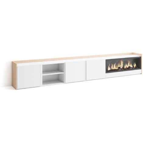 Skraut Home - Meuble TV, Banc Télé, Grand espace de Rangement, 315x35x50cm, Pour les TV jusqu'à 80", Cheminée électrique XXL, Style moderne, Blanc et Chêne Soft (1/5)