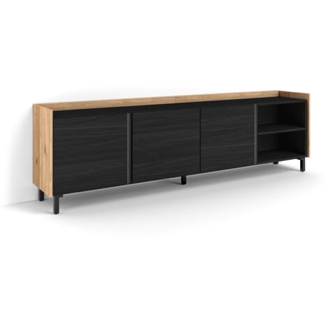 Skraut Home - Meuble TV, Banc Télé, Grand espace de Rangement, 207x35x61cm, Pour les TV jusqu'à 80", Design industriel, Style moderne, Noir et chêne (1/5)