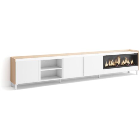 Skraut Home - Meuble TV, Banc Télé, Grand espace de Rangement, 315x35x61cm, Pour les TV jusqu'à 80", Cheminée électrique XXL, Design industriel, Style moderne, Blanc et Chêne Soft (1/5)