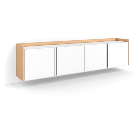 Skraut Home - Meuble TV, Banc Télé, Grand espace de Rangement, 207x35x50cm, Pour les TV jusqu'à 80", Suspendu, Mural, Style moderne, Blanc et Chêne Soft (1/5)