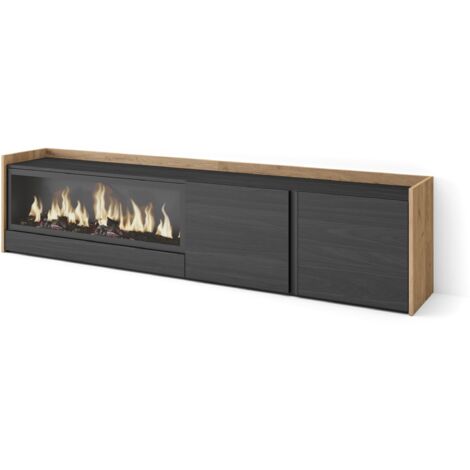 Skraut Home - Meuble TV, Banc Télé, Grand espace de Rangement, 212x35x50cm, Pour les TV jusqu'à 80", Cheminée électrique XXL, Style moderne, Noir et chêne (1/5)
