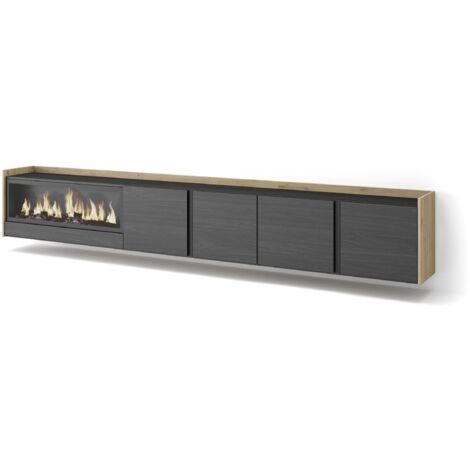 Skraut Home - Meuble TV, Banc Télé, Grand espace de Rangement, 315x35x50cm, Pour les TV jusqu'à 80", Cheminée électrique XXL, Suspendu, Mural, Style moderne, Noir et chêne (1/5)
