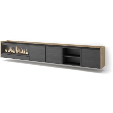 Skraut Home - Meuble TV, Banc Télé, Grand espace de Rangement, 315x35x50cm, Pour les TV jusqu'à 80", Cheminée électrique XXL, Suspendu, Mural, Style moderne, Noir et chêne (1/5)