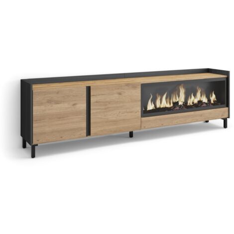 Skraut Home - Meuble TV, Banc Télé, Grand espace de Rangement, 212x35x61cm, Pour les TV jusqu'à 80", Cheminée électrique XXL, Design industriel, Style moderne, Chêne et noir (1/5)