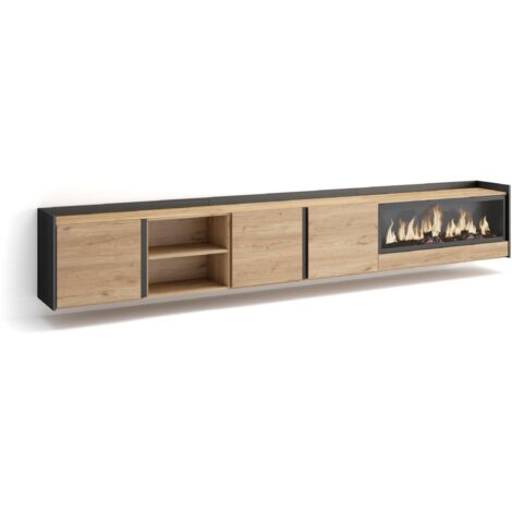 Skraut Home - Meuble TV, Banc Télé, Grand espace de Rangement, 315x35x50cm, Pour les TV jusqu'à 80", Cheminée électrique XXL, Suspendu, Mural, Style moderne, Chêne et noir (1/5)