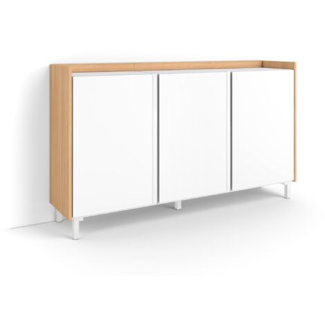 Skraut Home - Buffet salon et cuisine, Meuble de Rangement, Commode, 156x35x91cm, 3 Portes, Design industriel, Style moderne, Blanc et Chêne Soft (1/5)