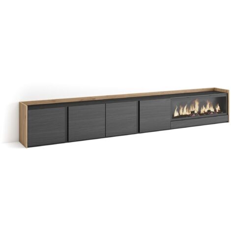 Skraut Home - Meuble TV, Banc Télé, Grand espace de Rangement, 315x35x50cm, Pour les TV jusqu'à 80", Cheminée électrique XXL, Style moderne, Noir et chêne (1/5)