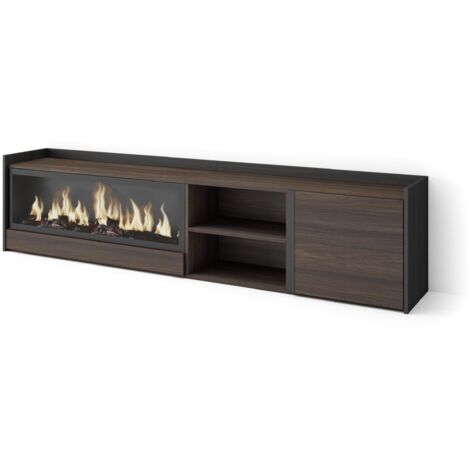 Skraut Home - Meuble TV, Banc Télé, Grand espace de Rangement, 212x35x50cm, Pour les TV jusqu'à 80", Cheminée électrique XXL, Style moderne, Chêne foncé et Noir (1/5)