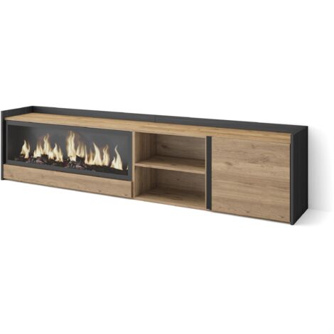 Skraut Home - Meuble TV, Banc Télé, Grand espace de Rangement, 212x35x50cm, Pour les TV jusqu'à 80", Cheminée électrique XXL, Style moderne, Chêne et noir (1/5)