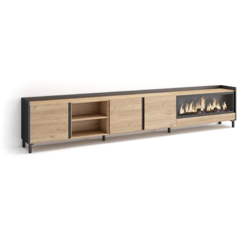 Skraut Home - Meuble TV, Banc Télé, Grand espace de Rangement, 315x35x61cm, Pour les TV jusqu'à 80", Cheminée électrique XXL, Design industriel, Style moderne, Chêne et noir (1/5)