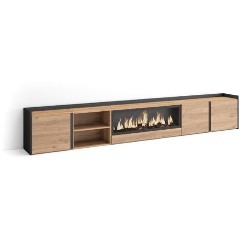 Skraut Home - Meuble TV, Banc Télé, Grand espace de Rangement, 315x35x50cm, Pour les TV jusqu'à 80", Cheminée électrique XXL, Style moderne, Chêne et noir (1/5)