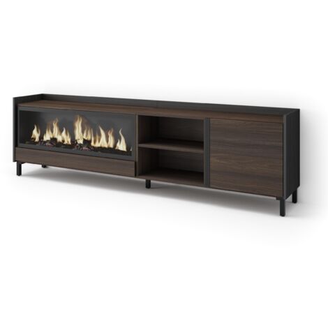 Skraut Home - Meuble TV, Banc Télé, Grand espace de Rangement, 212x35x61cm, Pour les TV jusqu'à 80", Cheminée électrique XXL, Design industriel, Style moderne, Chêne foncé et Noir (1/5)