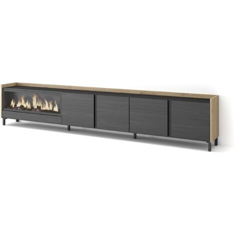 Skraut Home - Meuble TV, Banc Télé, Grand espace de Rangement, 315x35x61cm, Pour les TV jusqu'à 80", Cheminée électrique XXL, Design industriel, Style moderne, Noir et chêne (1/5)