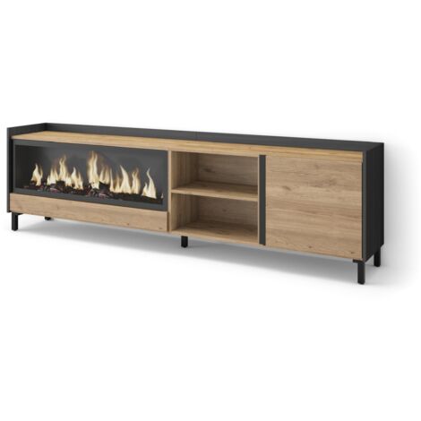 Skraut Home - Meuble TV, Banc Télé, Grand espace de Rangement, 212x35x61cm, Pour les TV jusqu'à 80", Cheminée électrique XXL, Design industriel, Style moderne, Chêne et noir (1/5)