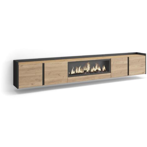 Skraut Home - Meuble TV, Banc Télé, Grand espace de Rangement, 315x35x50cm, Pour les TV jusqu'à 80", Cheminée électrique XXL, Suspendu, Mural, Style moderne, Chêne et noir (1/5)