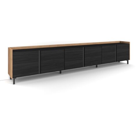 Skraut Home - Meuble TV, Banc Télé, Grand espace de Rangement, 309x35x61cm, Pour les TV jusqu'à 80", Design industriel, Style moderne, Noir et chêne (1/5)