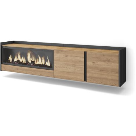 Skraut Home - Meuble TV, Banc Télé, Grand espace de Rangement, 212x35x50cm, Pour les TV jusqu'à 80", Cheminée électrique XXL, Suspendu, Mural, Style moderne, Chêne et noir (1/5)
