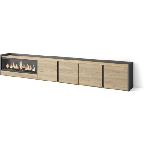 Skraut Home - Meuble TV, Banc Télé, Grand espace de Rangement, 315x35x50cm, Pour les TV jusqu'à 80", Cheminée électrique XXL, Style moderne, Chêne et noir (1/5)