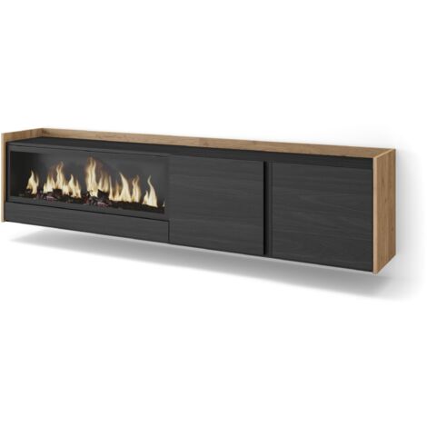 Skraut Home - Meuble TV, Banc Télé, Grand espace de Rangement, 212x35x50cm, Pour les TV jusqu'à 80", Cheminée électrique XXL, Suspendu, Mural, Style moderne, Noir et chêne (1/5)