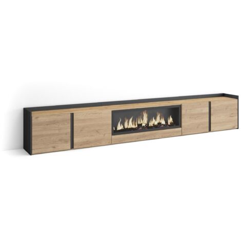 Skraut Home - Meuble TV, Banc Télé, Grand espace de Rangement, 315x35x50cm, Pour les TV jusqu'à 80", Cheminée électrique XXL, Style moderne, Chêne et noir (1/5)