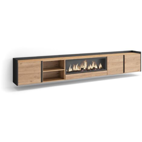 Skraut Home - Meuble TV, Banc Télé, Grand espace de Rangement, 315x35x50cm, Pour les TV jusqu'à 80", Cheminée électrique XXL, Suspendu, Mural, Style moderne, Chêne et noir (1/5)