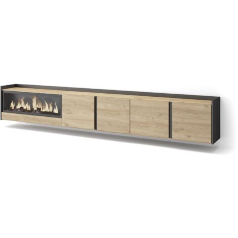 Skraut Home - Meuble TV, Banc Télé, Grand espace de Rangement, 315x35x50cm, Pour les TV jusqu'à 80", Cheminée électrique XXL, Suspendu, Mural, Style moderne, Chêne et noir (1/5)