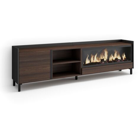 Skraut Home - Meuble TV, Banc Télé, Grand espace de Rangement, 212x35x61cm, Pour les TV jusqu'à 80", Cheminée électrique XXL, Design industriel, Style moderne, Chêne foncé et Noir (1/5)