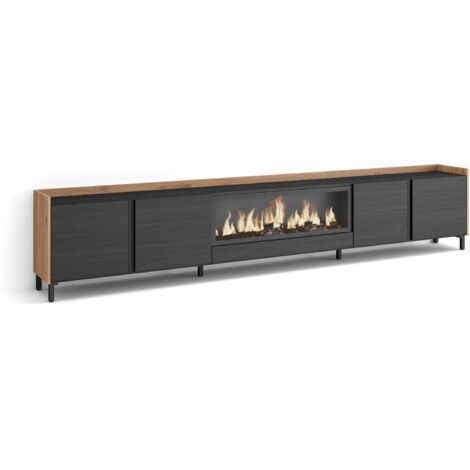 Skraut Home - Meuble TV, Banc Télé, Grand espace de Rangement, 315x35x61cm, Pour les TV jusqu'à 80", Cheminée électrique XXL, Design industriel, Style moderne, Noir et chêne (1/5)