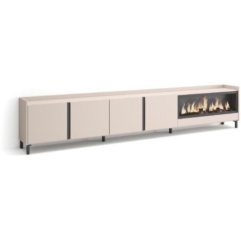 Skraut Home - Meuble TV, Banc Télé, Grand espace de Rangement, 315x35x61cm, Pour les TV jusqu'à 80", Cheminée électrique XXL, Design industriel, Style moderne, Beige (1/5)