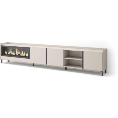 Skraut Home - Meuble TV, Banc Télé, Grand espace de Rangement, 315x35x61cm, Pour les TV jusqu'à 80", Cheminée électrique XXL, Design industriel, Style moderne, Beige (1/5)