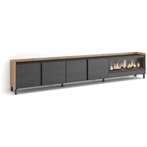 Skraut Home - Meuble TV, Banc Télé, Grand espace de Rangement, 315x35x61cm, Pour les TV jusqu'à 80", Cheminée électrique XXL, Design industriel, Style moderne, Noir et chêne (1/5)