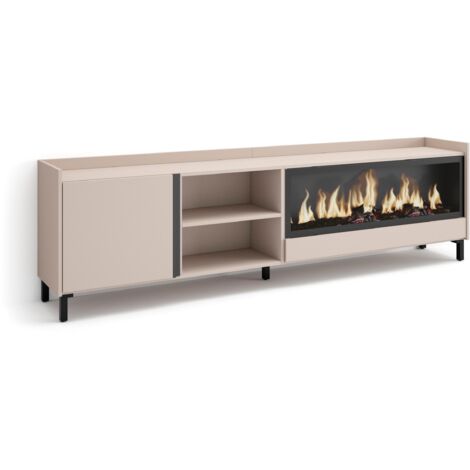 Skraut Home - Meuble TV, Banc Télé, Grand espace de Rangement, 212x35x61cm, Pour les TV jusqu'à 80", Cheminée électrique XXL, Design industriel, Style moderne, Beige (1/5)