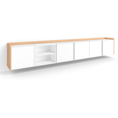Skraut Home - Meuble TV, Banc Télé, Grand espace de Rangement, 309x35x50cm, Pour les TV jusqu'à 80", Suspendu, Mural, Style moderne, Blanc et Chêne Soft (1/5)