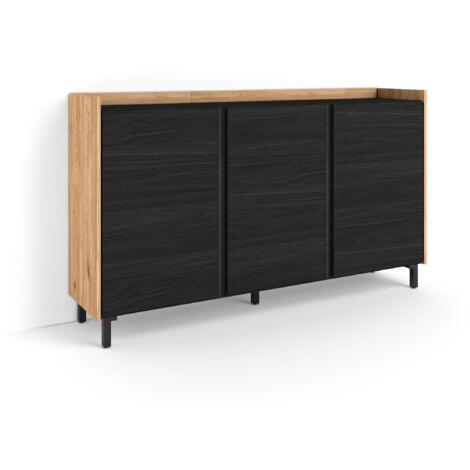 Skraut Home - Buffet salon et cuisine, Meuble de Rangement, Commode, 156x35x91cm, 3 Portes, Design industriel, Style moderne, Noir et chêne (1/5)