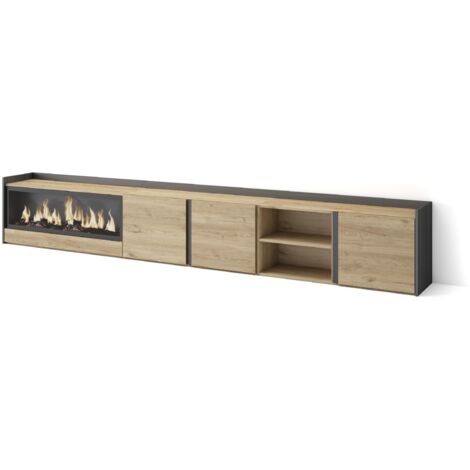 Skraut Home - Meuble TV, Banc Télé, Grand espace de Rangement, 315x35x50cm, Pour les TV jusqu'à 80", Cheminée électrique XXL, Style moderne, Chêne et noir (1/5)