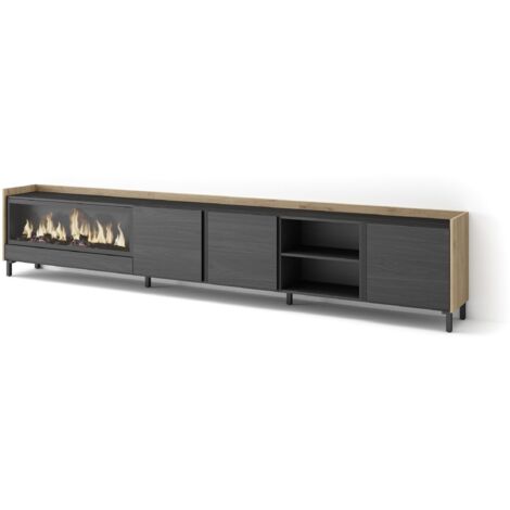Skraut Home - Meuble TV, Banc Télé, Grand espace de Rangement, 315x35x61cm, Pour les TV jusqu'à 80", Cheminée électrique XXL, Design industriel, Style moderne, Noir et chêne (1/5)