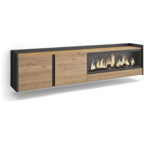 Skraut Home - Meuble TV, Banc Télé, Grand espace de Rangement, 212x35x50cm, Pour les TV jusqu'à 80", Cheminée électrique XXL, Suspendu, Mural, Style moderne, Chêne et noir (1/5)