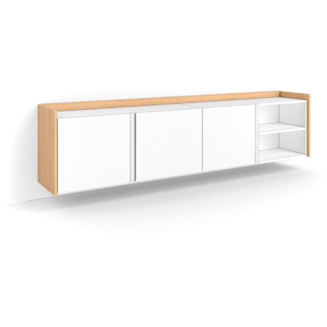 Skraut Home - Meuble TV, Banc Télé, Grand espace de Rangement, 207x35x50cm, Pour les TV jusqu'à 80", Suspendu, Mural, Style moderne, Blanc et Chêne Soft (1/5)