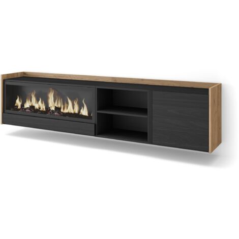 Skraut Home - Meuble TV, Banc Télé, Grand espace de Rangement, 212x35x50cm, Pour les TV jusqu'à 80", Cheminée électrique XXL, Suspendu, Mural, Style moderne, Noir et chêne (1/5)