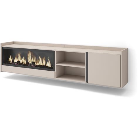 Skraut Home - Meuble TV, Banc Télé, Grand espace de Rangement, 212x35x50cm, Pour les TV jusqu'à 80", Cheminée électrique XXL, Suspendu, Mural, Style moderne, Beige (1/5)