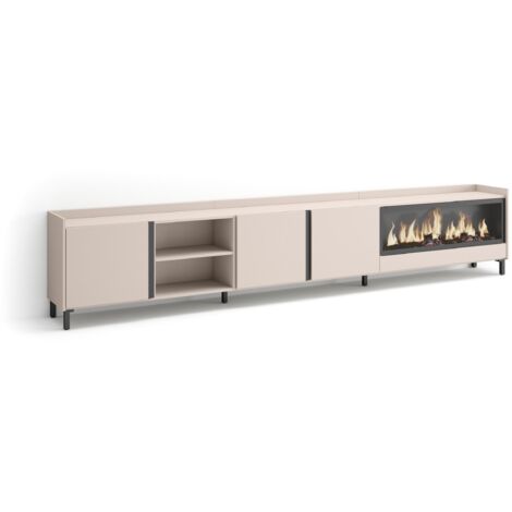 Skraut Home - Meuble TV, Banc Télé, Grand espace de Rangement, 315x35x61cm, Pour les TV jusqu'à 80", Cheminée électrique XXL, Design industriel, Style moderne, Beige (1/5)