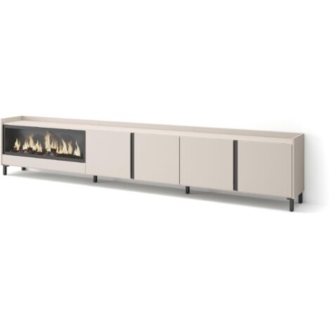 Skraut Home - Meuble TV, Banc Télé, Grand espace de Rangement, 315x35x61cm, Pour les TV jusqu'à 80", Cheminée électrique XXL, Design industriel, Style moderne, Beige (1/5)