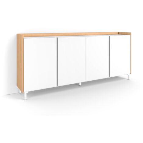 Skraut Home - Buffet salon et cuisine, Meuble de Rangement, Commode, 207x35x91cm, 4 Portes, Design industriel, Style moderne, Blanc et Chêne Soft (1/5)