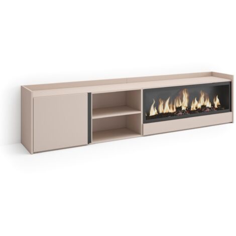 Skraut Home - Meuble TV, Banc Télé, Grand espace de Rangement, 212x35x50cm, Pour les TV jusqu'à 80", Cheminée électrique XXL, Style moderne, Beige (1/5)