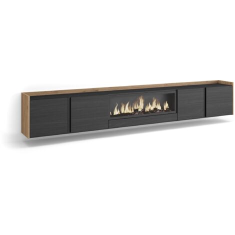 Skraut Home - Meuble TV, Banc Télé, Grand espace de Rangement, 315x35x50cm, Pour les TV jusqu'à 80", Cheminée électrique XXL, Suspendu, Mural, Style moderne, Noir et chêne (1/5)